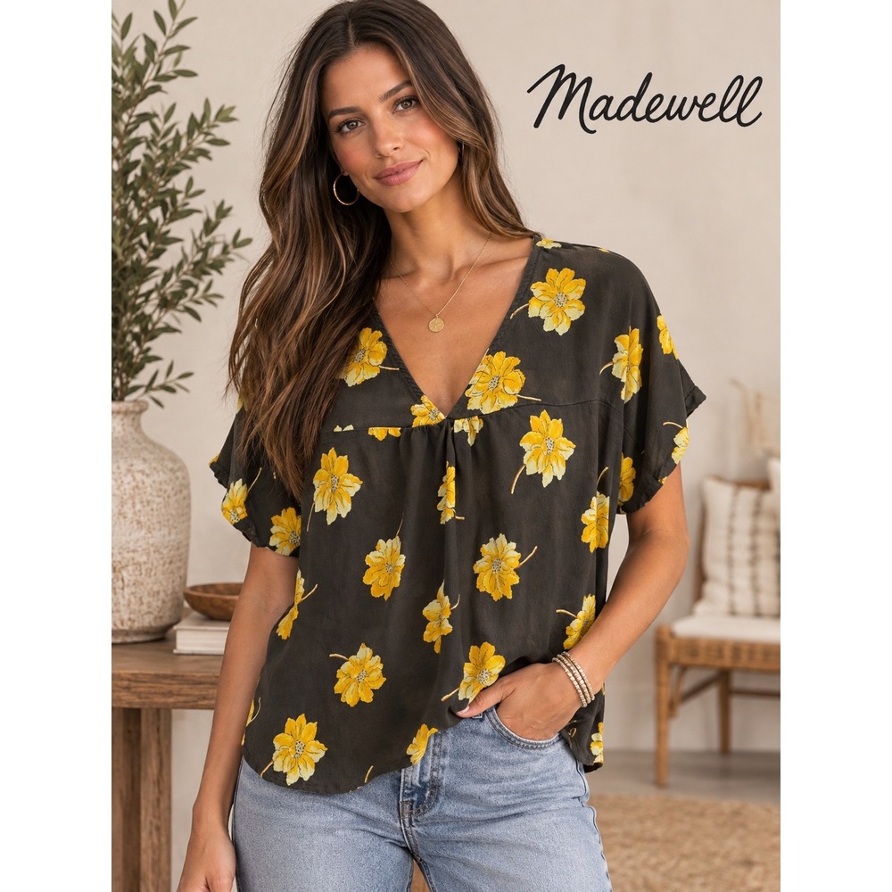 Madewell Floral V-Neck Short Sleeve Blouse Gray Yellow Size Medium